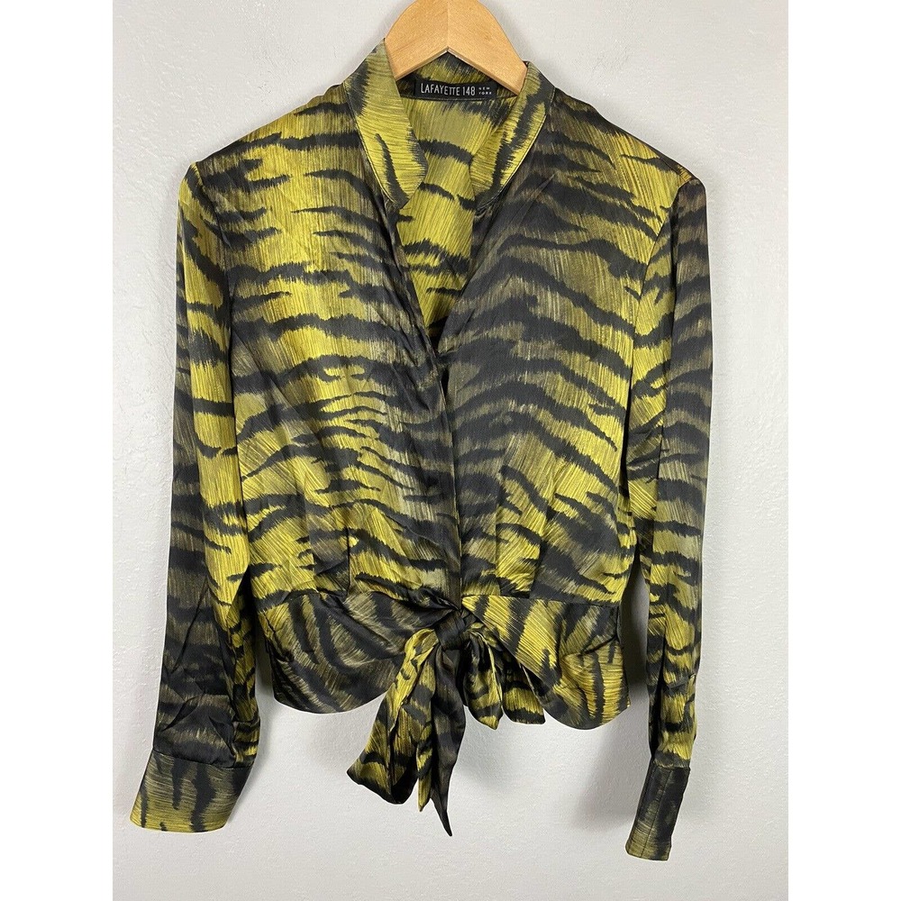 LAFAYETTE 148 New York 100% Silk Knot Front Blouse Animal Print Size 6